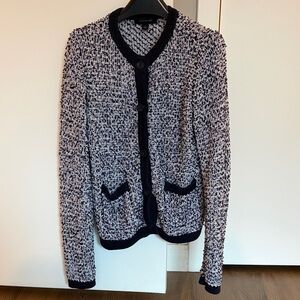 Ann Taylor Navy and White Knit Cardigan with Purple Thread | Size Small